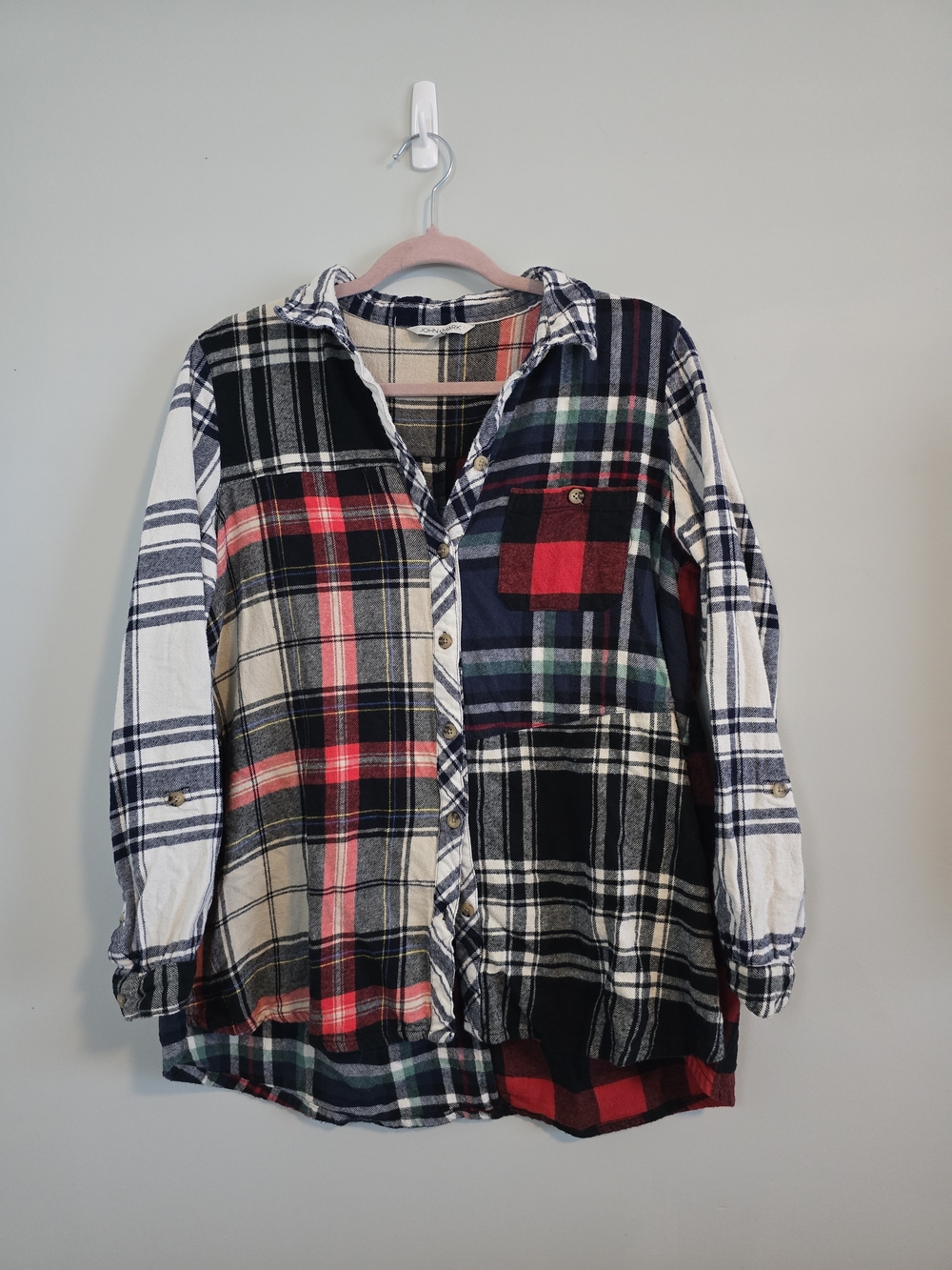 John Mark Mixed Plaid Patchwork Button-Down Lagenlook Cotton Shirt Women’s Large